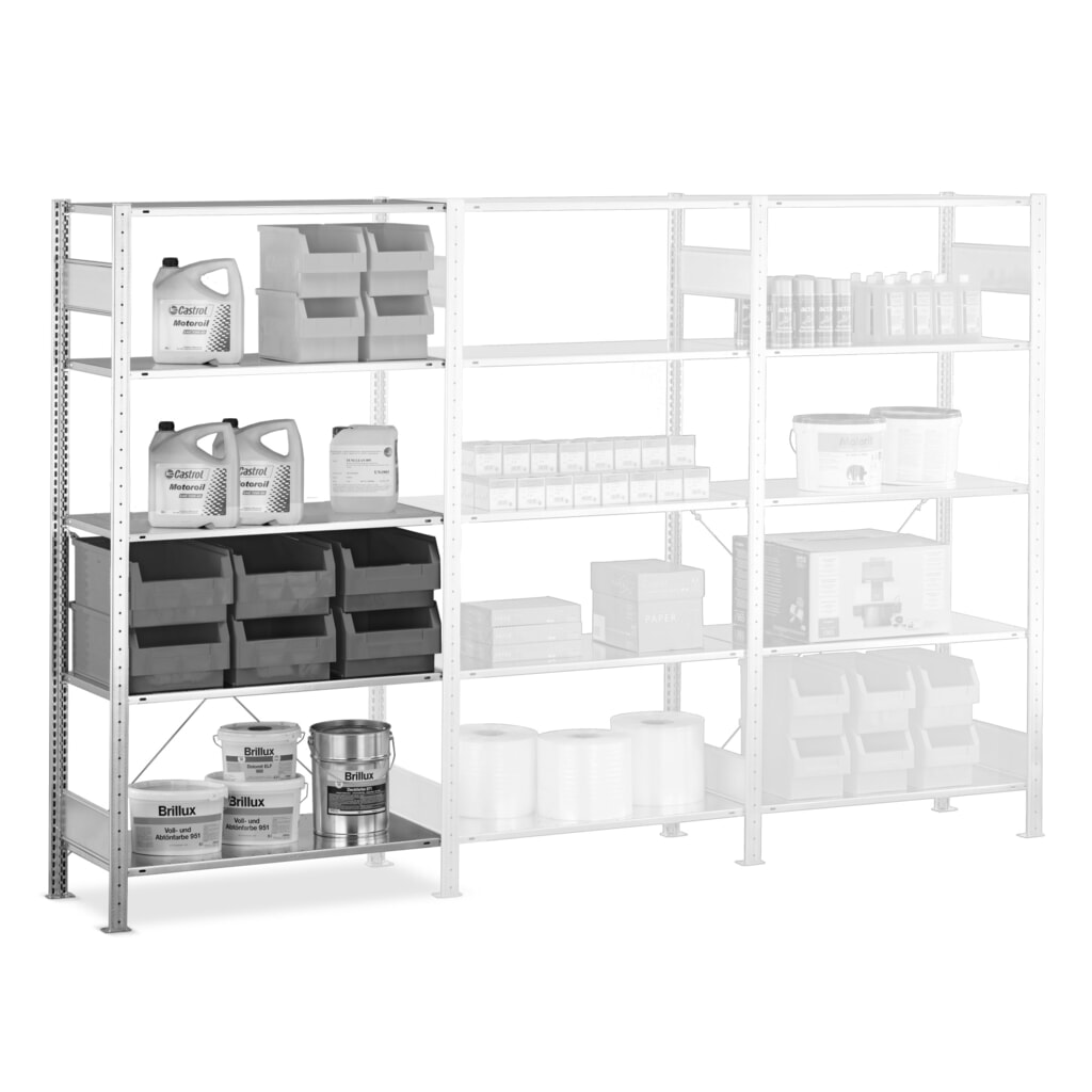 N° de l'image du produit 6 : Rayonnage à tablettes SCHULTE, système enfichable, travée auxiliaire, CT 150 kg, galvanisé, H x l x P 2 500 x 1 300 x 300 mm