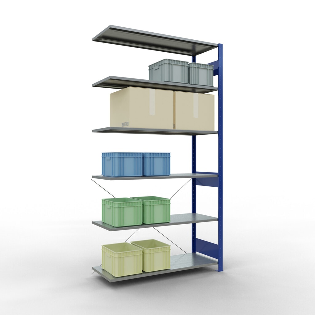 N° de l'image du produit 3 : Rayonnage à tablettes SCHULTE, système enfichable, travée auxiliaire, CT 150 kg, bleu gentiane/galvanisé, H x l x P 2 500 x 1 300 x 500 mm