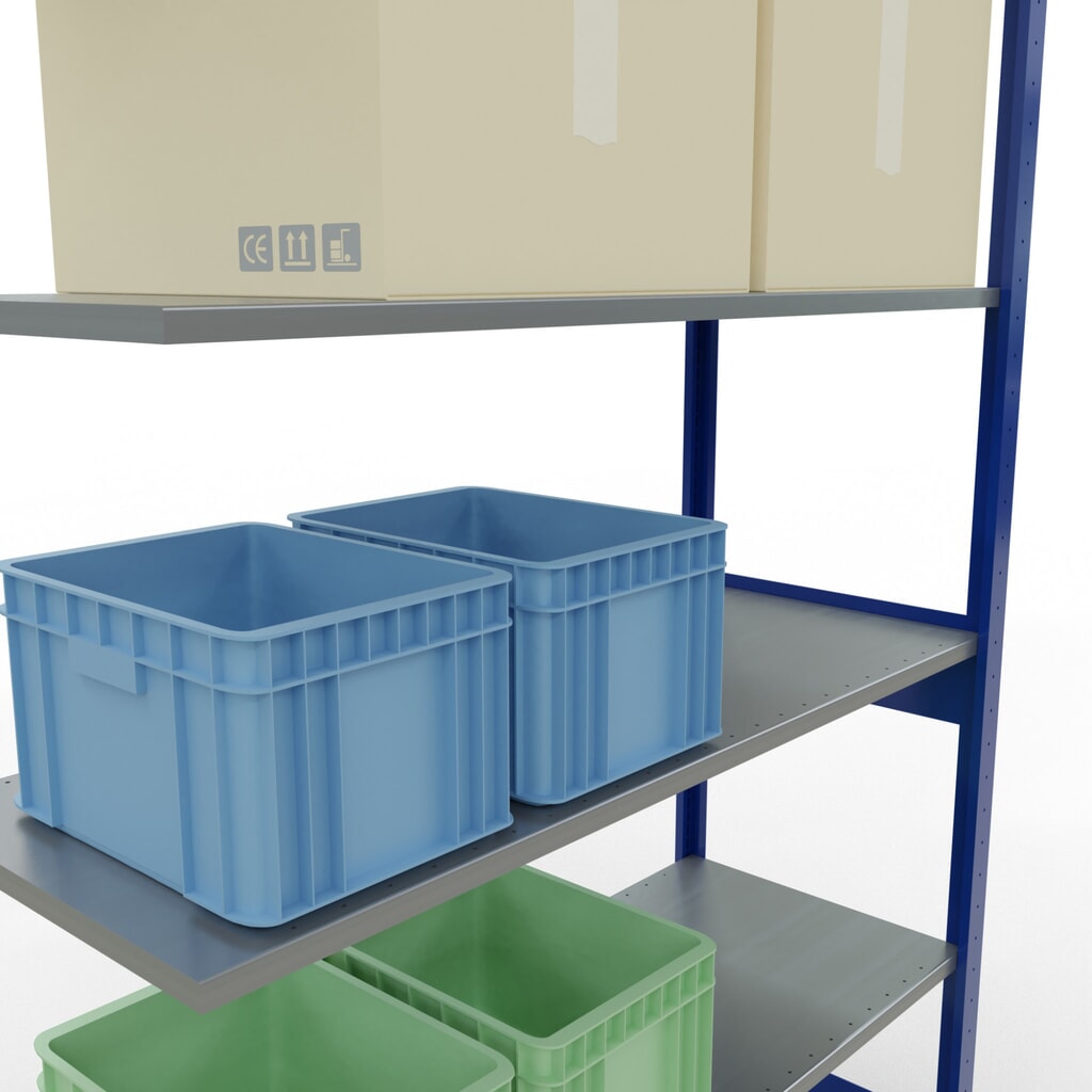 N° de l'image du produit 4 : Rayonnage à tablettes SCHULTE, système enfichable, travée auxiliaire, CT 150 kg, bleu gentiane/galvanisé, H x l x P 2 500 x 1 300 x 500 mm