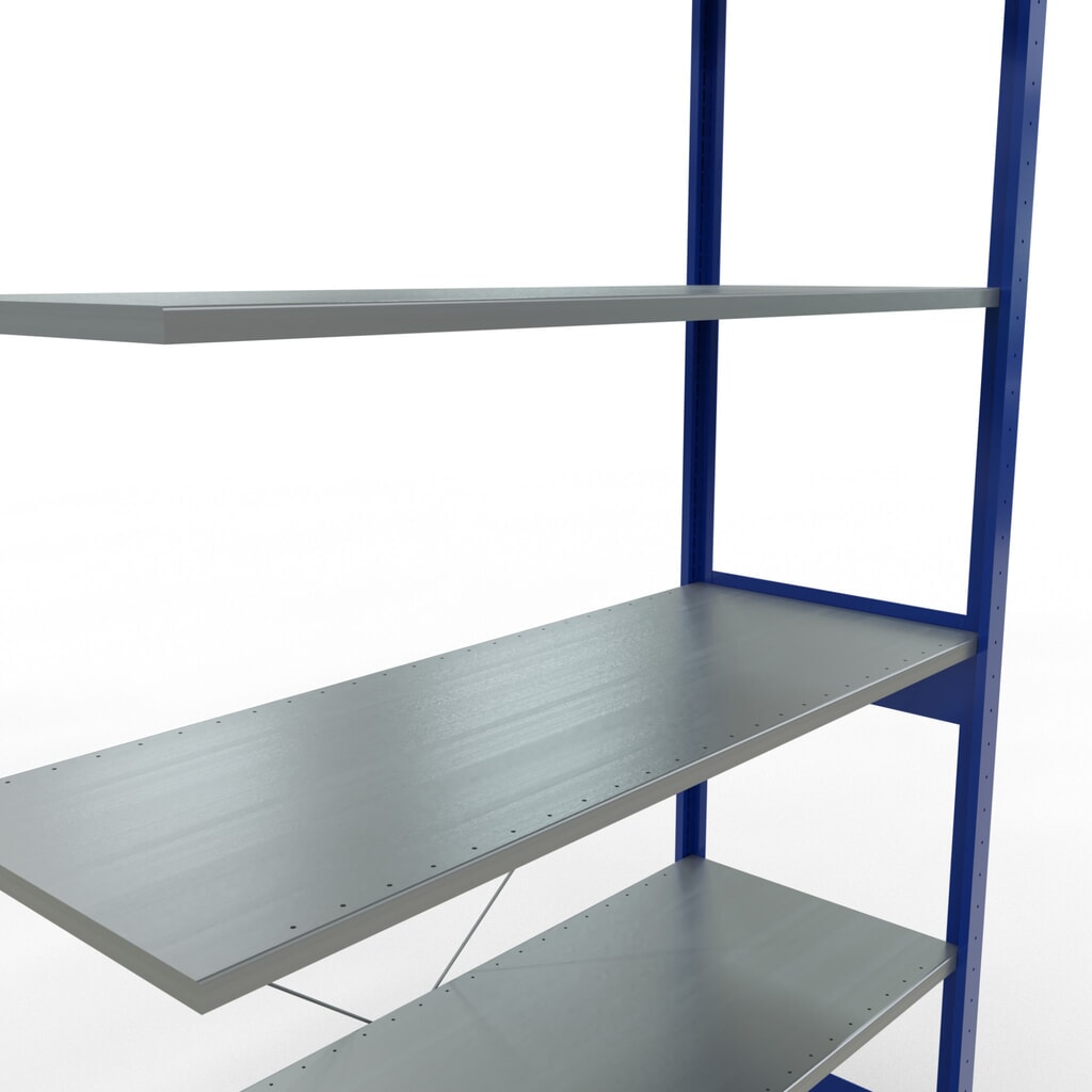 Rayonnage à tablettes SCHULTE, système enfichable, travée auxiliaire, CT 150 kg, bleu gentiane/galvanisé, H x l x P 2 500 x 1 300 x 500 mm N° de l'image du produit 5 : Rayonnage à tablettes SCHULTE, système enfichable, travée auxiliaire, CT 150 kg, bleu gentiane/galvanisé, H x l x P 2 500 x 1 300 x 500 mm