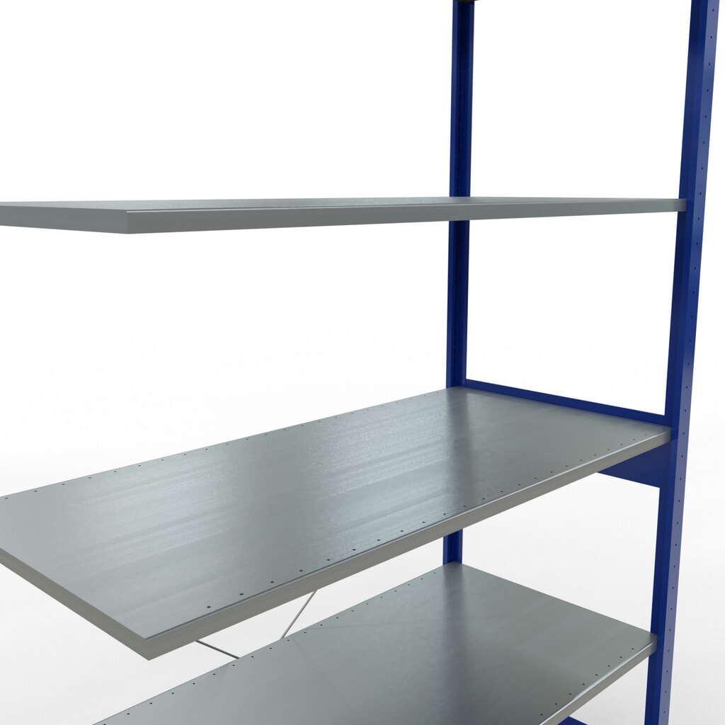 N° de l'image du produit 5 : Rayonnage à tablettes SCHULTE, travée auxiliaire, bleu gentiane/galvanisé, CT 150 kg, HxlxP 2 500 x 1 300 x 600 mm