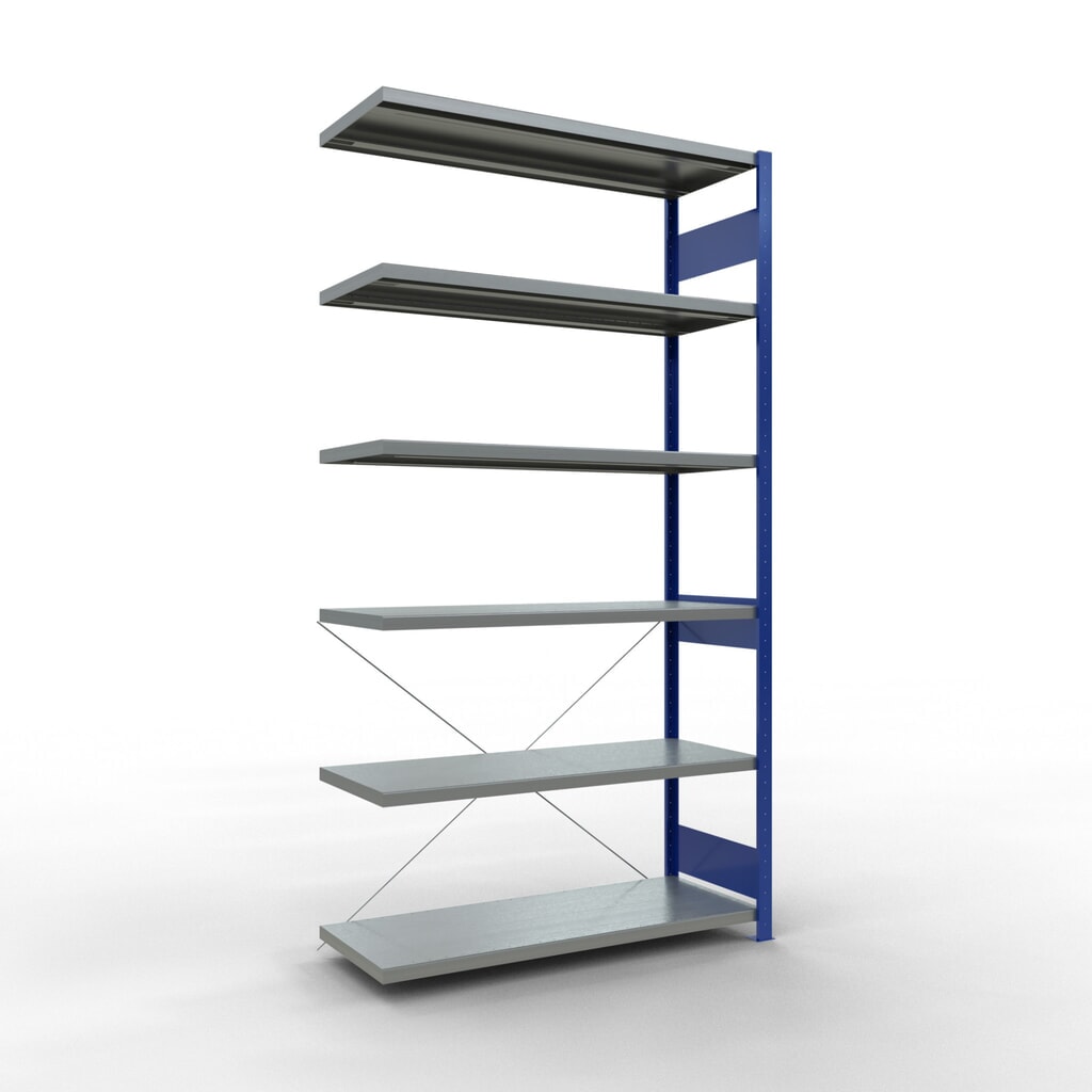 Rayonnage à tablettes SCHULTE, travée auxiliaire, bleu gentiane/galvanisé, CT 250 kg, HxlxP 2 500 x 1 300 x 500 mm Illustration du produit: Rayonnage à tablettes SCHULTE, travée auxiliaire, bleu gentiane/galvanisé, CT 250 kg, HxlxP 2 500 x 1 300 x 500 mm