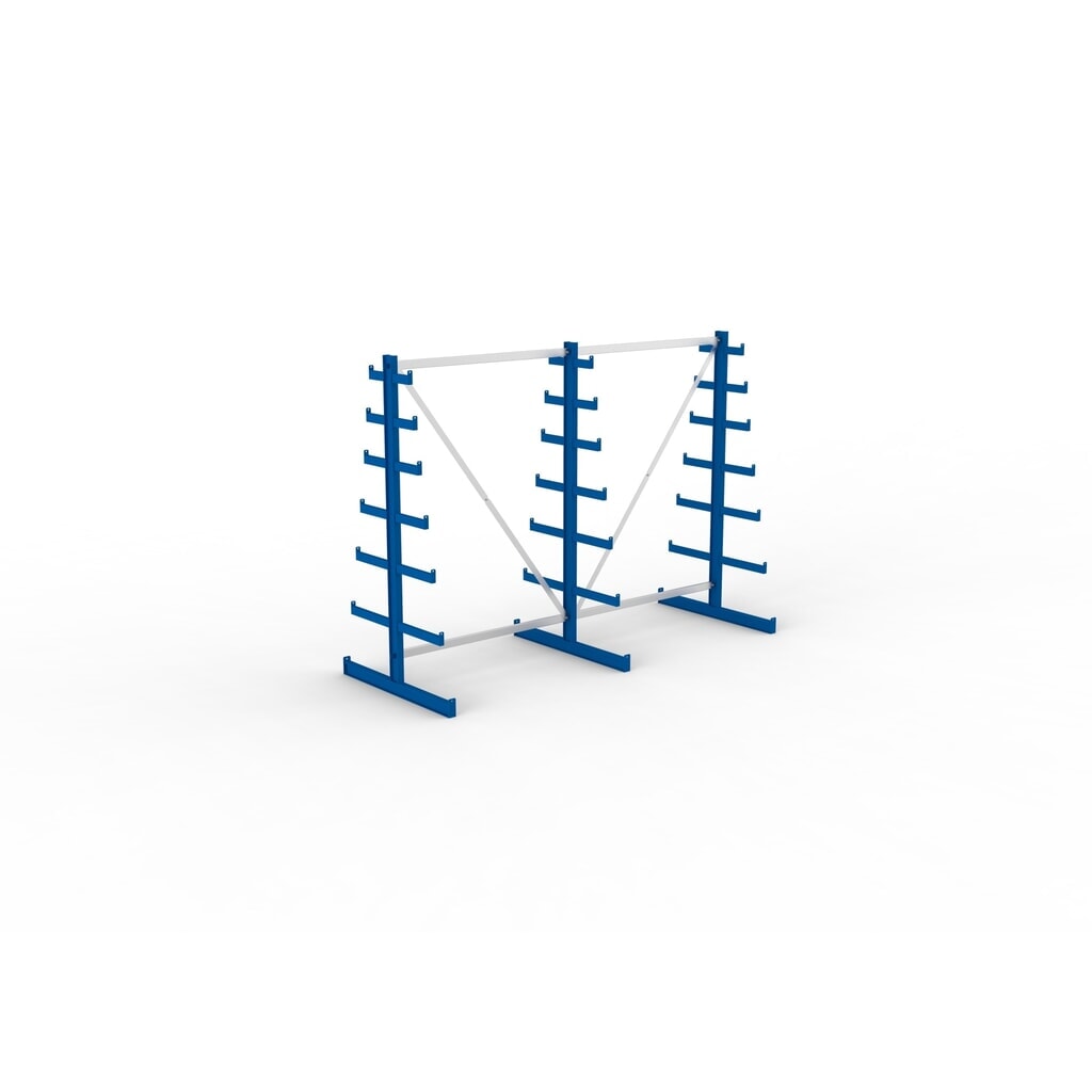 N° de l'image du produit 2 : Kit complet de rayonnage cantilever META, double accès, capacité de charge par bras 150 kg, H x l x P 2 000 x 2 755 x 1 090 mm, 3 montants
