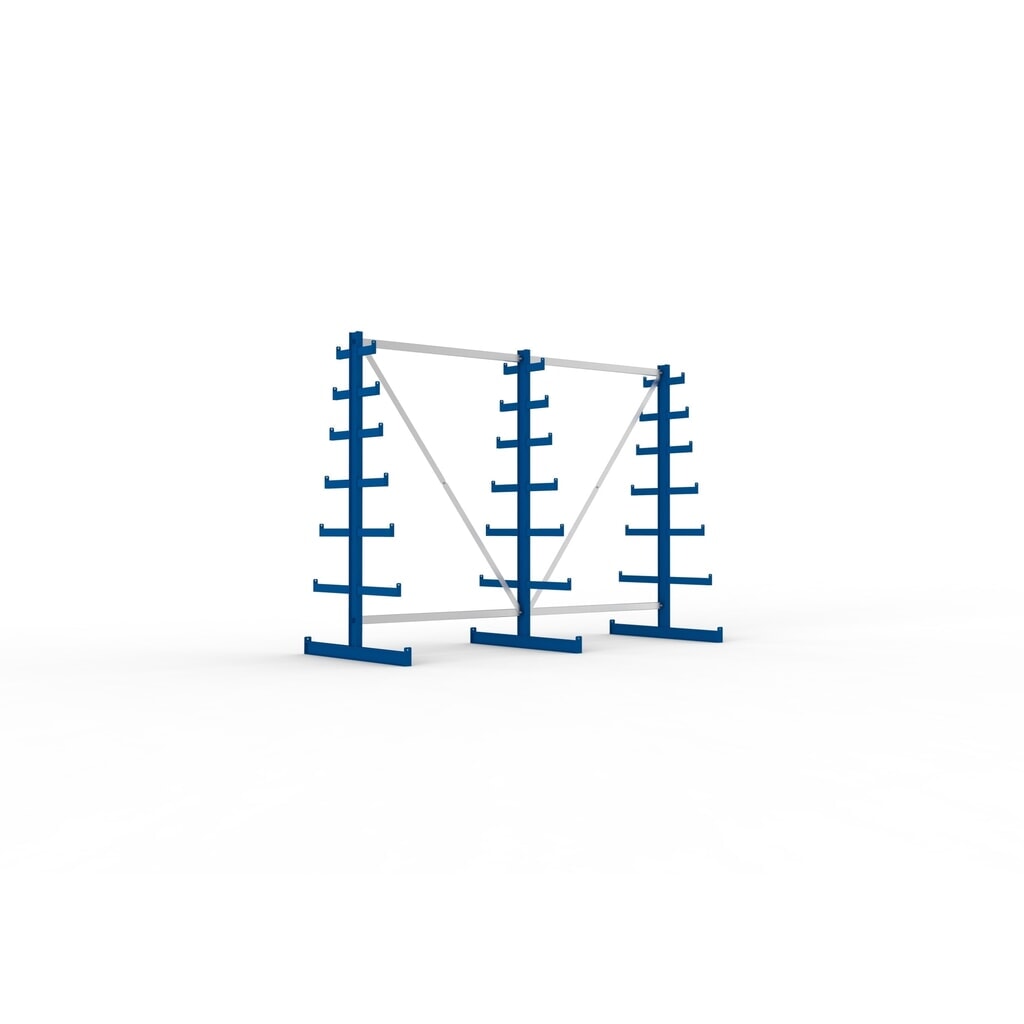 Kit complet de rayonnage cantilever META, double accès, capacité de charge par bras 150 kg, H x l x P 2 000 x 2 755 x 1 090 mm, 3 montants Illustration du produit: Kit complet de rayonnage cantilever META, double accès, capacité de charge par bras 150 kg, H x l x P 2 000 x 2 755 x 1 090 mm, 3 montants