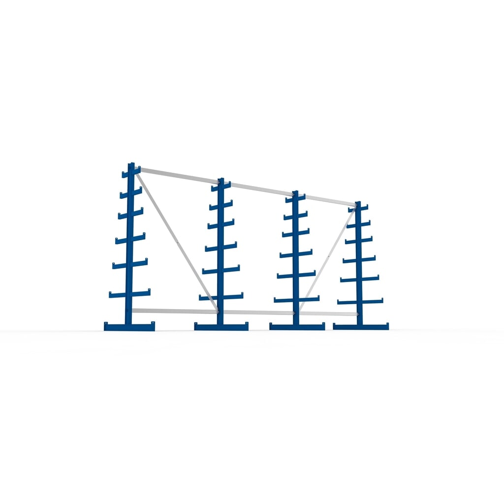 Kit complet de rayonnage cantilever META, double accès, capacité de charge par bras 150 kg, H x l x P 2 000 x 4 105 x 1 090 mm, 4 montants N° de l'image du produit 3 : Kit complet de rayonnage cantilever META, double accès, capacité de charge par bras 150 kg, H x l x P 2 000 x 4 105 x 1 090 mm, 4 montants