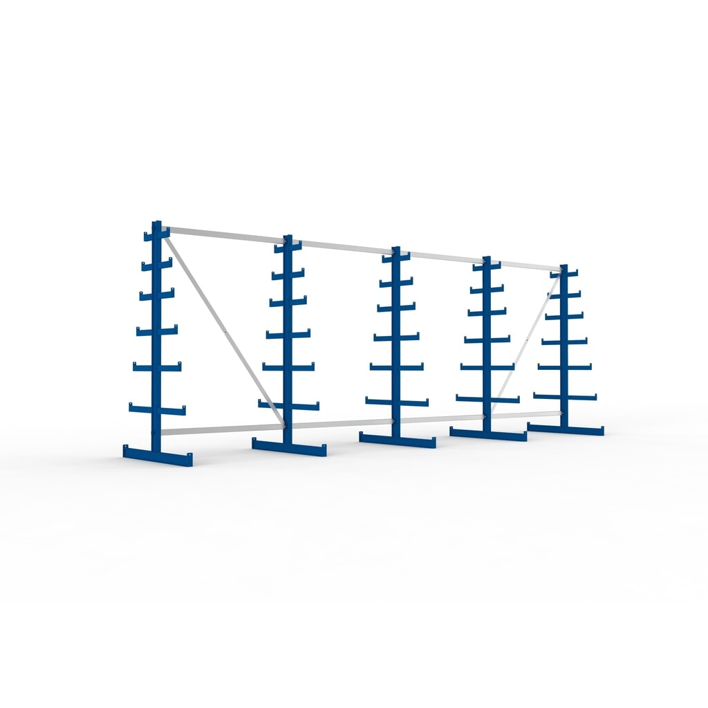 Illustration du produit: Kit complet de rayonnage cantilever META, double accès, capacité de charge par bras 150 kg, H x l x P 2 000 x 5 455 x 1 090 mm, 5 montants