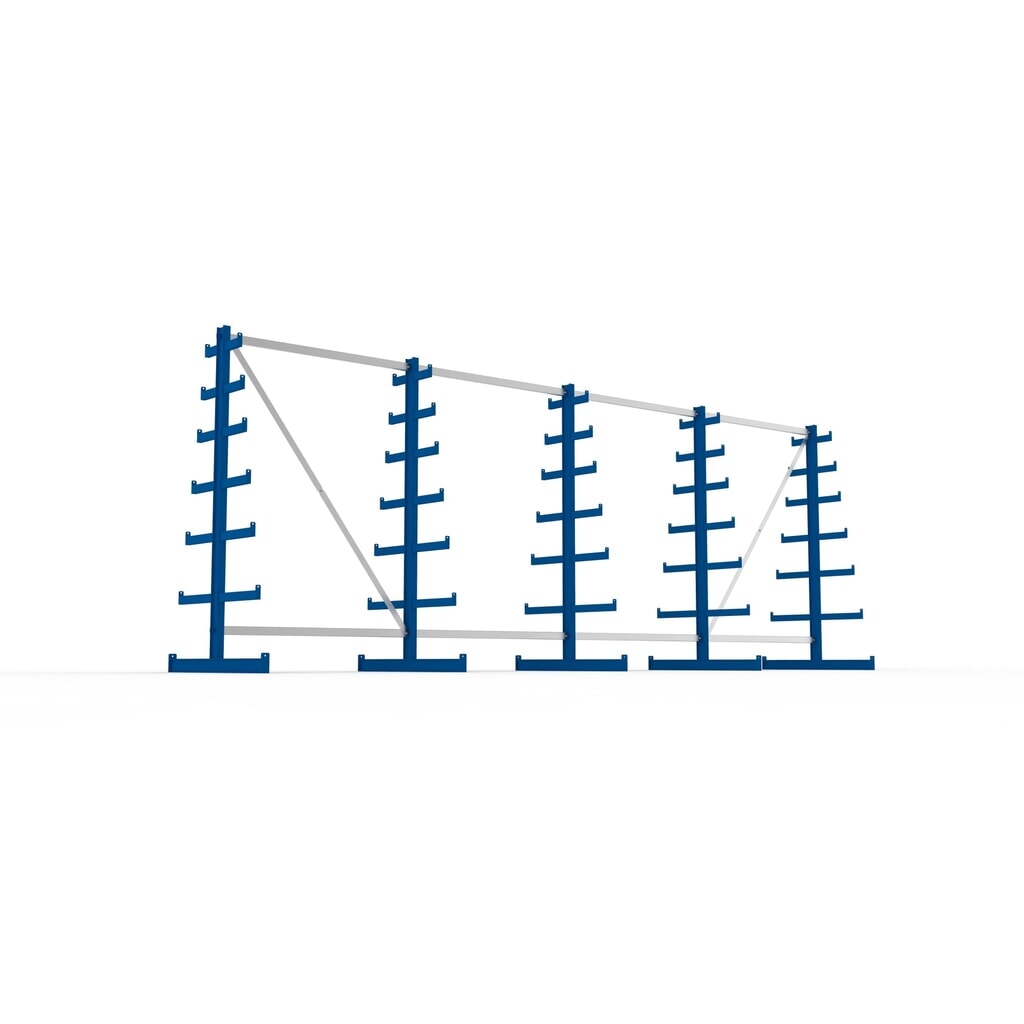 Kit complet de rayonnage cantilever META, double accès, capacité de charge par bras 150 kg, H x l x P 2 000 x 5 455 x 1 090 mm, 5 montants N° de l'image du produit 3 : Kit complet de rayonnage cantilever META, double accès, capacité de charge par bras 150 kg, H x l x P 2 000 x 5 455 x 1 090 mm, 5 montants