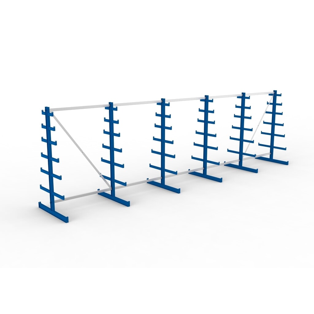 Kit complet de rayonnage cantilever META, double accès, capacité de charge par bras 150 kg, H x l x P 2 000 x 6 805 x 1 090 mm, 6 montants N° de l'image du produit 2 : Kit complet de rayonnage cantilever META, double accès, capacité de charge par bras 150 kg, H x l x P 2 000 x 6 805 x 1 090 mm, 6 montants
