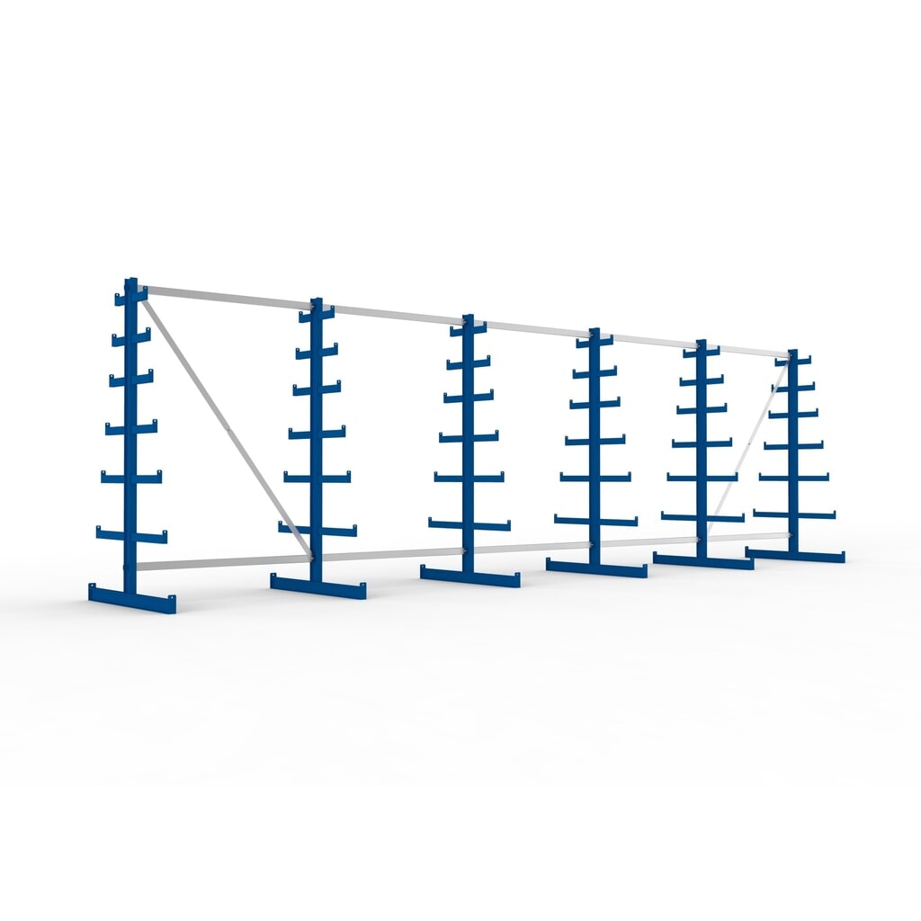 Illustration du produit: Kit complet de rayonnage cantilever META, double accès, capacité de charge par bras 150 kg, H x l x P 2 000 x 6 805 x 1 090 mm, 6 montants