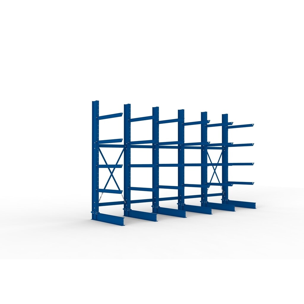Kit complet de rayonnage cantilever pour charges lourdes META, unilatéral, capacité de charge par bras 505 kg, H x l x P 3 000 x 5 090 x 1 355 mm, 6 montants Illustration du produit: Kit complet de rayonnage cantilever pour charges lourdes META, unilatéral, capacité de charge par bras 505 kg, H x l x P 3 000 x 5 090 x 1 355 mm, 6 montants