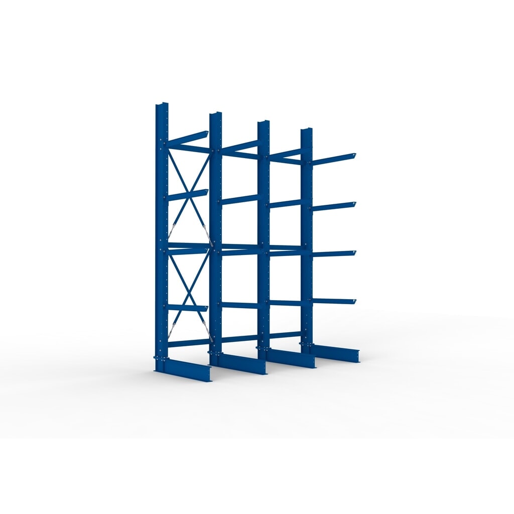Kit complet de rayonnage cantilever pour charges lourdes META, unilatéral, capacité de charge par bras 505 kg, H x l x P 4 000 x 3 100 x 1 355 mm, 4 montants Illustration du produit: Kit complet de rayonnage cantilever pour charges lourdes META, unilatéral, capacité de charge par bras 505 kg, H x l x P 4 000 x 3 100 x 1 355 mm, 4 montants