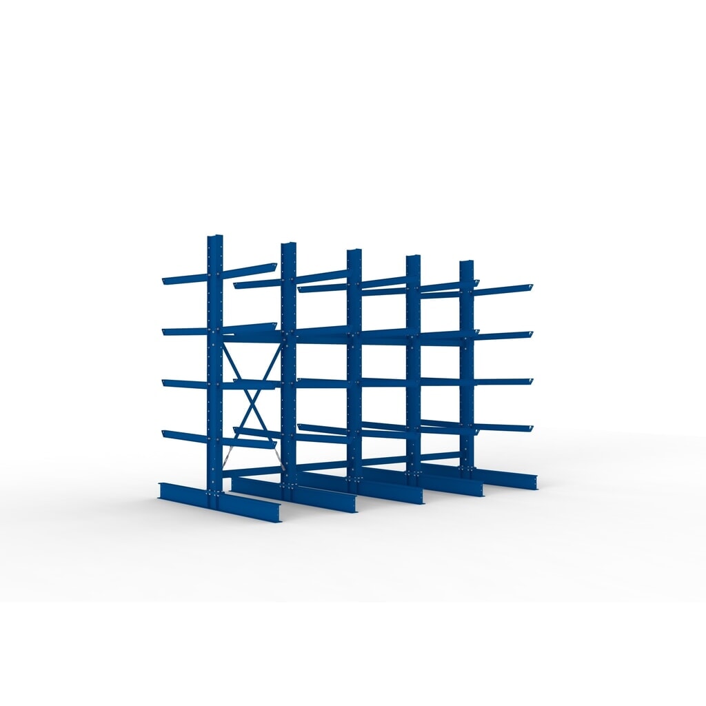 Kit complet de rayonnage cantilever pour charges lourdes META, double accès, capacité de charge par bras 505 kg, H x l x P 3 000 x 4 090 x 2 400 mm, 5 montants Illustration du produit: Kit complet de rayonnage cantilever pour charges lourdes META, double accès, capacité de charge par bras 505 kg, H x l x P 3 000 x 4 090 x 2 400 mm, 5 montants
