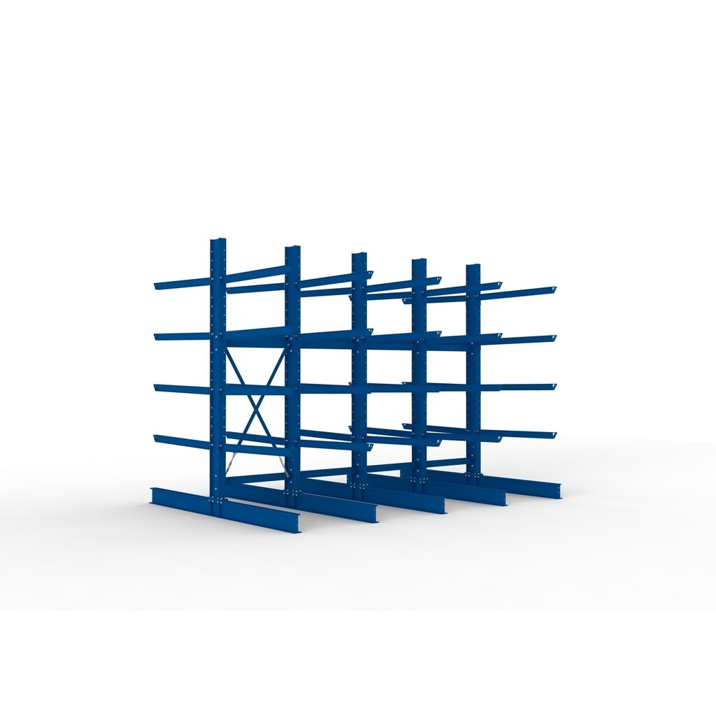 Kit complet de rayonnage cantilever pour charges lourdes META, double accès, capacité de charge par bras 400 kg, H x l x P 3 000 x 4 090 x 2 900 mm, 5 montants Illustration du produit: Kit complet de rayonnage cantilever pour charges lourdes META, double accès, capacité de charge par bras 400 kg, H x l x P 3 000 x 4 090 x 2 900 mm, 5 montants