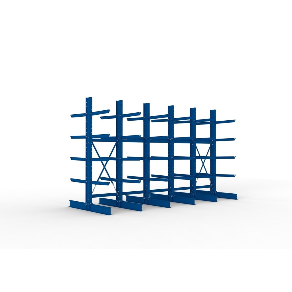 Kit complet de rayonnage cantilever pour charges lourdes META, double accès, capacité de charge par bras 630 kg, H x l x P 3 000 x 5 090 x 2 000 mm, 6 montants Illustration du produit: Kit complet de rayonnage cantilever pour charges lourdes META, double accès, capacité de charge par bras 630 kg, H x l x P 3 000 x 5 090 x 2 000 mm, 6 montants