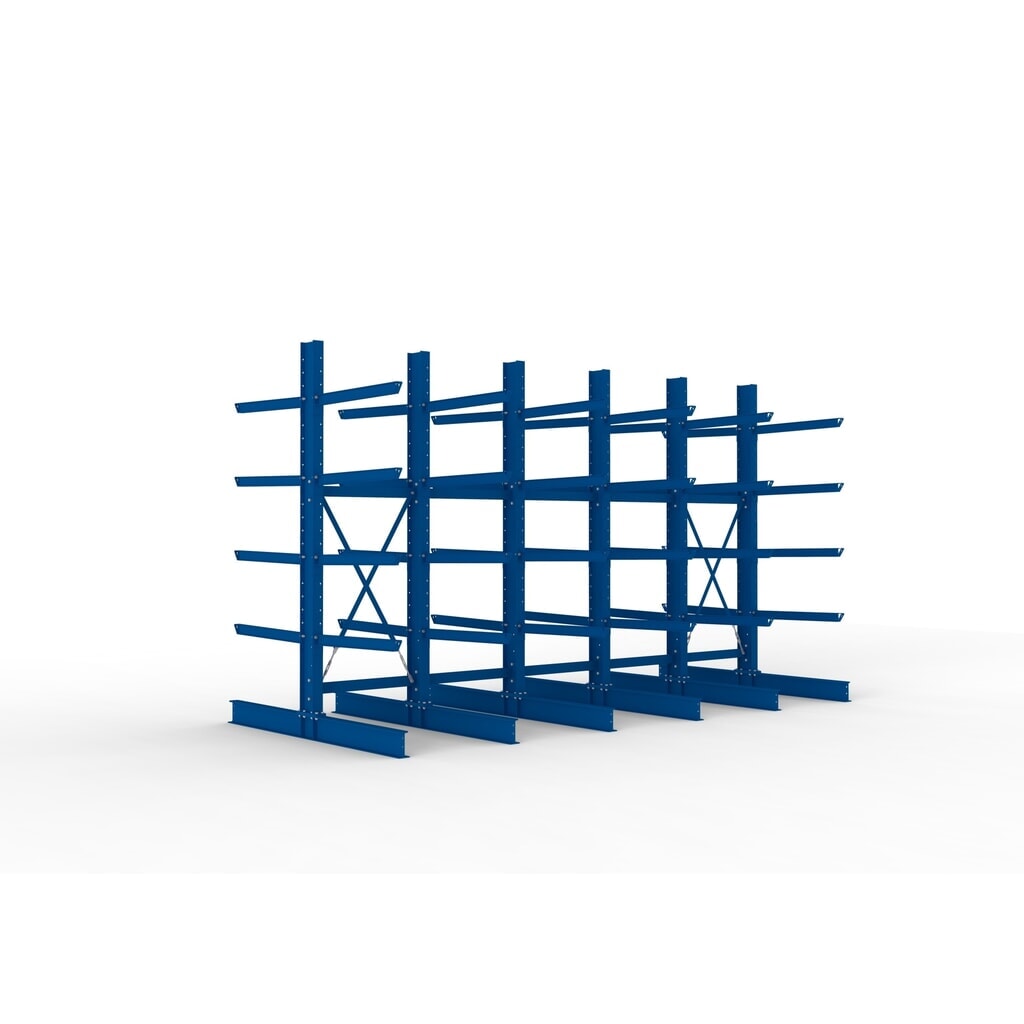 Kit complet de rayonnage cantilever pour charges lourdes META, double accès, capacité de charge par bras 505 kg, H x l x P 3 000 x 5 090 x 2 400 mm, 6 montants Illustration du produit: Kit complet de rayonnage cantilever pour charges lourdes META, double accès, capacité de charge par bras 505 kg, H x l x P 3 000 x 5 090 x 2 400 mm, 6 montants