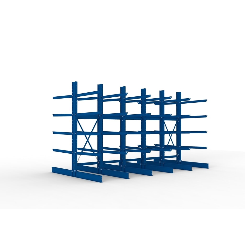 Kit complet de rayonnage cantilever pour charges lourdes META, double accès, capacité de charge par bras 400 kg, H x l x P 3 000 x 5 090 x 2 900 mm, 6 montants Illustration du produit: Kit complet de rayonnage cantilever pour charges lourdes META, double accès, capacité de charge par bras 400 kg, H x l x P 3 000 x 5 090 x 2 900 mm, 6 montants