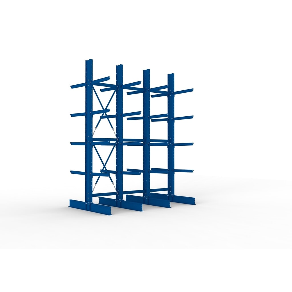 Kit complet de rayonnage cantilever pour charges lourdes META, double accès, capacité de charge par bras 630 kg, H x l x P 4 000 x 3 100 x 2 020 mm, 4 montants Illustration du produit: Kit complet de rayonnage cantilever pour charges lourdes META, double accès, capacité de charge par bras 630 kg, H x l x P 4 000 x 3 100 x 2 020 mm, 4 montants