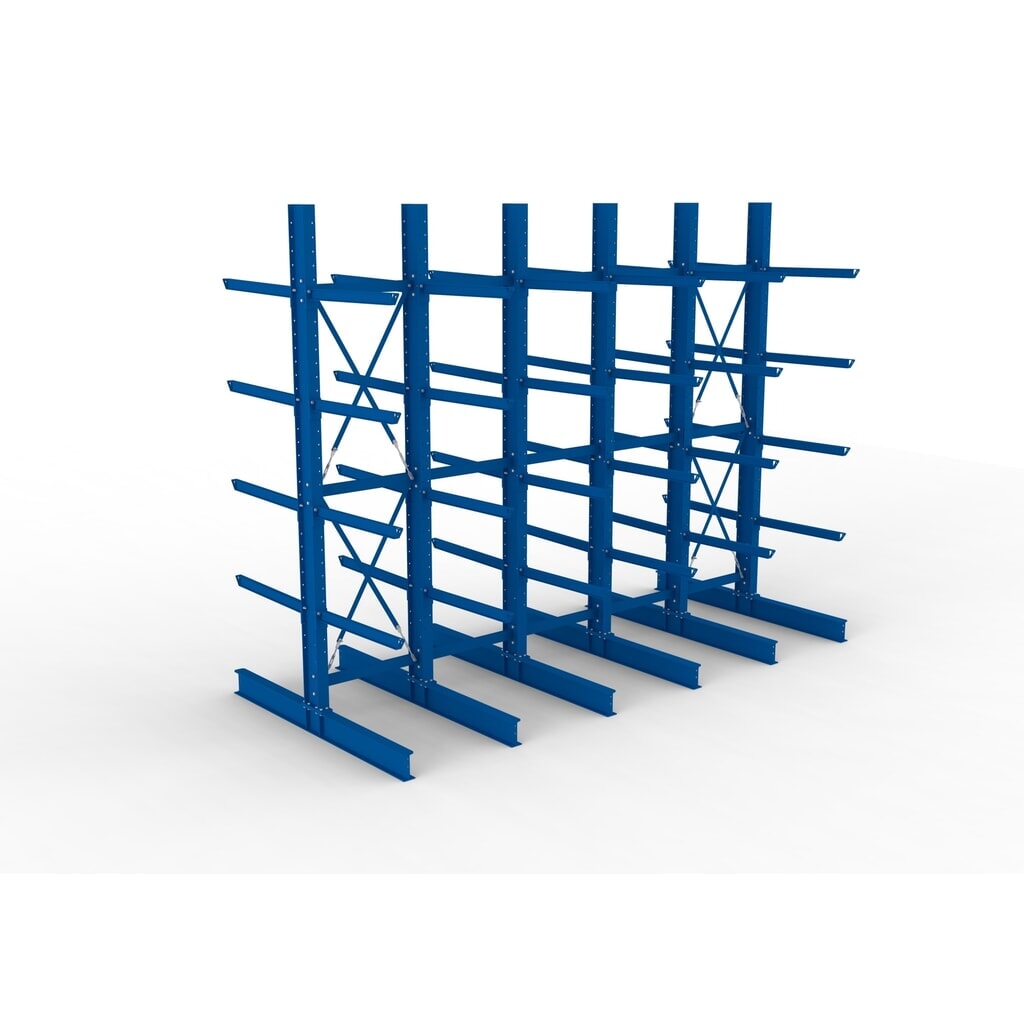 N° de l'image du produit 2 : Kit complet de rayonnage cantilever pour charges lourdes META, double accès, capacité de charge par bras 505 kg, H x l x P 4 000 x 5 100 x 2 420 mm, 6 montants