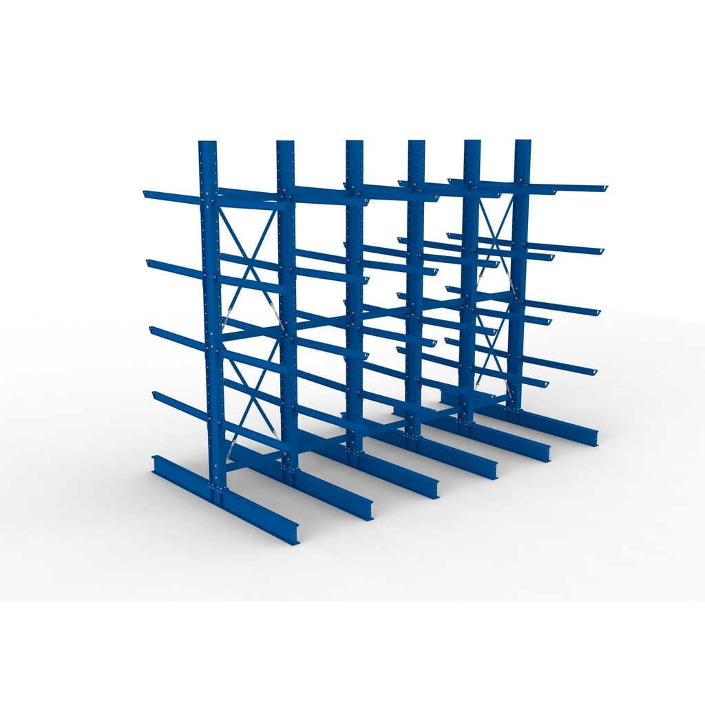 N° de l'image du produit 2 : Kit complet de rayonnage cantilever pour charges lourdes META, double accès, capacité de charge par bras 400 kg, H x l x P 4 000 x 5 100 x 2 920 mm, 6 montants