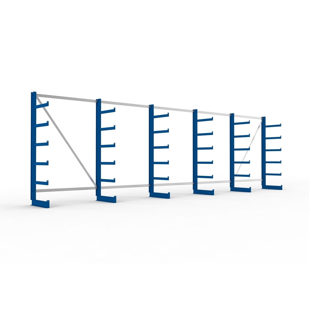 Kit complet de rayonnage cantilever META, unilatéral, capacité de charge par bras 200 kg, H x l x P 2 000 x 6 805 x 630 mm, 6 montants Illustration du produit: Kit complet de rayonnage cantilever META, unilatéral, capacité de charge par bras 200 kg, H x l x P 2 000 x 6 805 x 630 mm, 6 montants