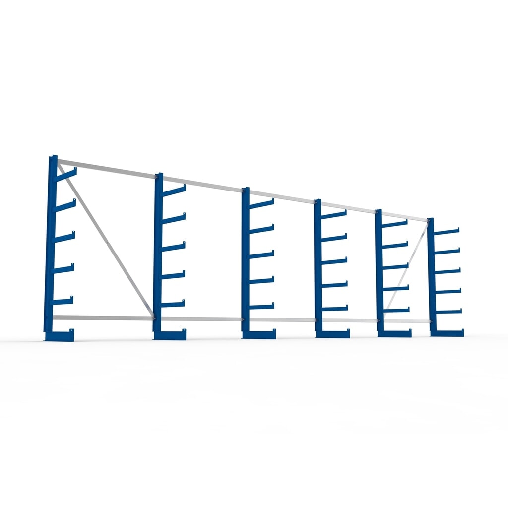Kit complet de rayonnage cantilever META, unilatéral, capacité de charge par bras 200 kg, H x l x P 2 000 x 6 805 x 630 mm, 6 montants N° de l'image du produit 3 : Kit complet de rayonnage cantilever META, unilatéral, capacité de charge par bras 200 kg, H x l x P 2 000 x 6 805 x 630 mm, 6 montants