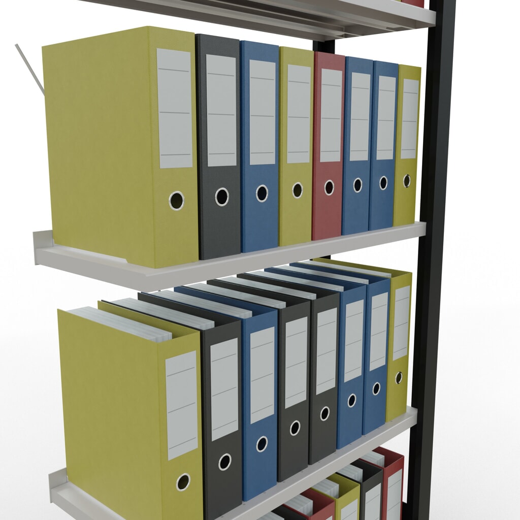 Rayonnage de bureau SCHULTE travée auxiliaire, utilisable d’un seul côté, avec barres de butée, CT 85 kg, noir, HxlxP 1 800 x 750 x 300 mm N° de l'image du produit 3 : Rayonnage de bureau SCHULTE travée auxiliaire, utilisable d’un seul côté, avec barres de butée, CT 85 kg, noir, HxlxP 1 800 x 750 x 300 mm