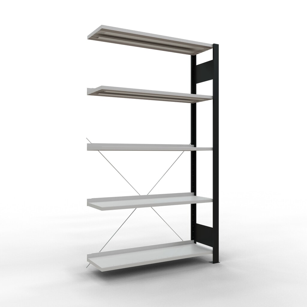 Illustration du produit: Rayonnage de bureau SCHULTE travée auxiliaire, utilisable d’un seul côté, avec barres de butée, CT 85 kg, noir, HxlxP 1 800 x 1 000 x 300 mm