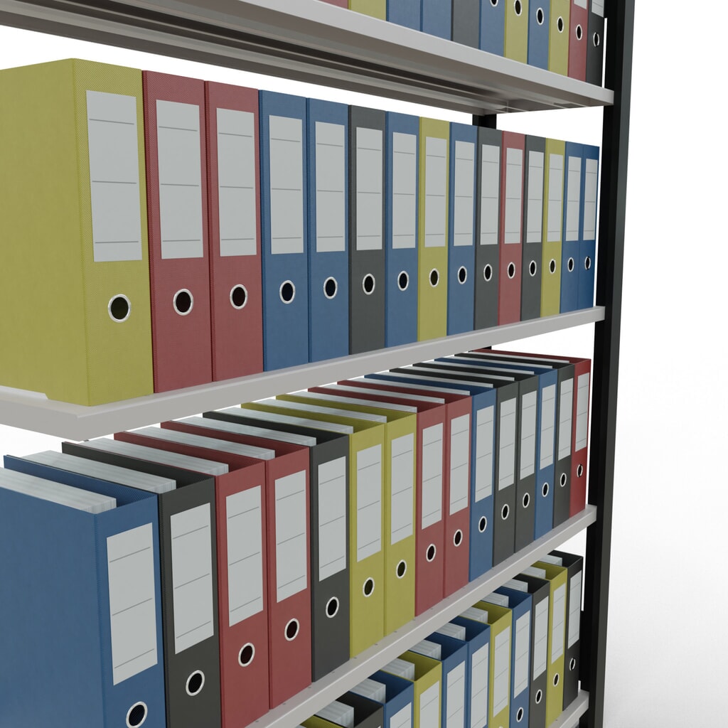 N° de l'image du produit 3 : Rayonnage de bureau SCHULTE travée auxiliaire, utilisable d’un seul côté, avec barres de butée, CT 85 kg, noir, HxlxP 1 800 x 1 300 x 300 mm