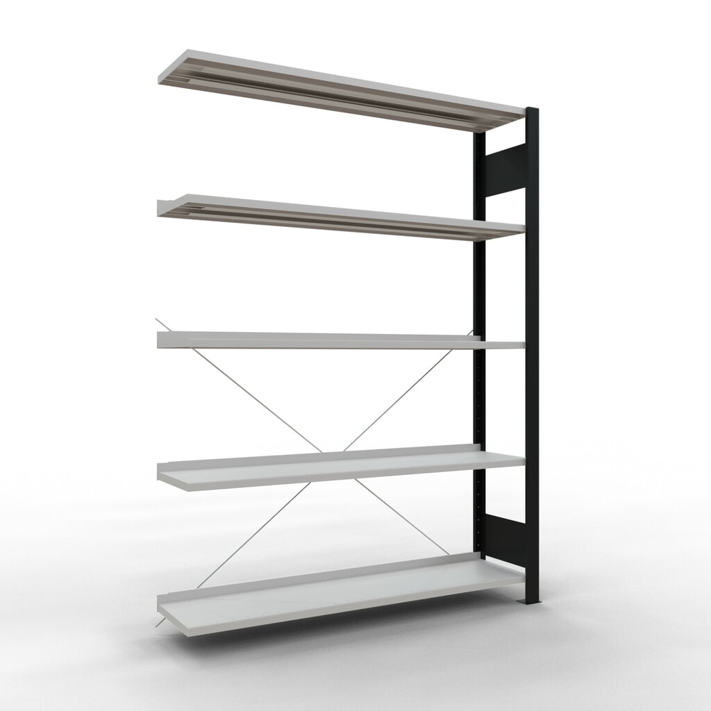 Rayonnage de bureau SCHULTE travée auxiliaire, utilisable d’un seul côté, avec barres de butée, CT 85 kg, noir, HxlxP 1 800 x 1 300 x 300 mm Illustration du produit: Rayonnage de bureau SCHULTE travée auxiliaire, utilisable d’un seul côté, avec barres de butée, CT 85 kg, noir, HxlxP 1 800 x 1 300 x 300 mm
