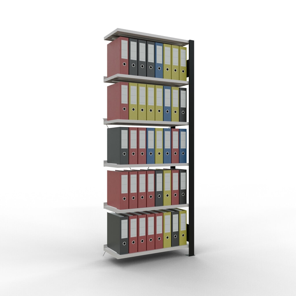 Rayonnage de bureau SCHULTE travée auxiliaire, utilisable d’un seul côté, avec barres de butée, CT 85 kg, noir, HxlxP 2 000 x 750 x 300 mm N° de l'image du produit 2 : Rayonnage de bureau SCHULTE travée auxiliaire, utilisable d’un seul côté, avec barres de butée, CT 85 kg, noir, HxlxP 2 000 x 750 x 300 mm