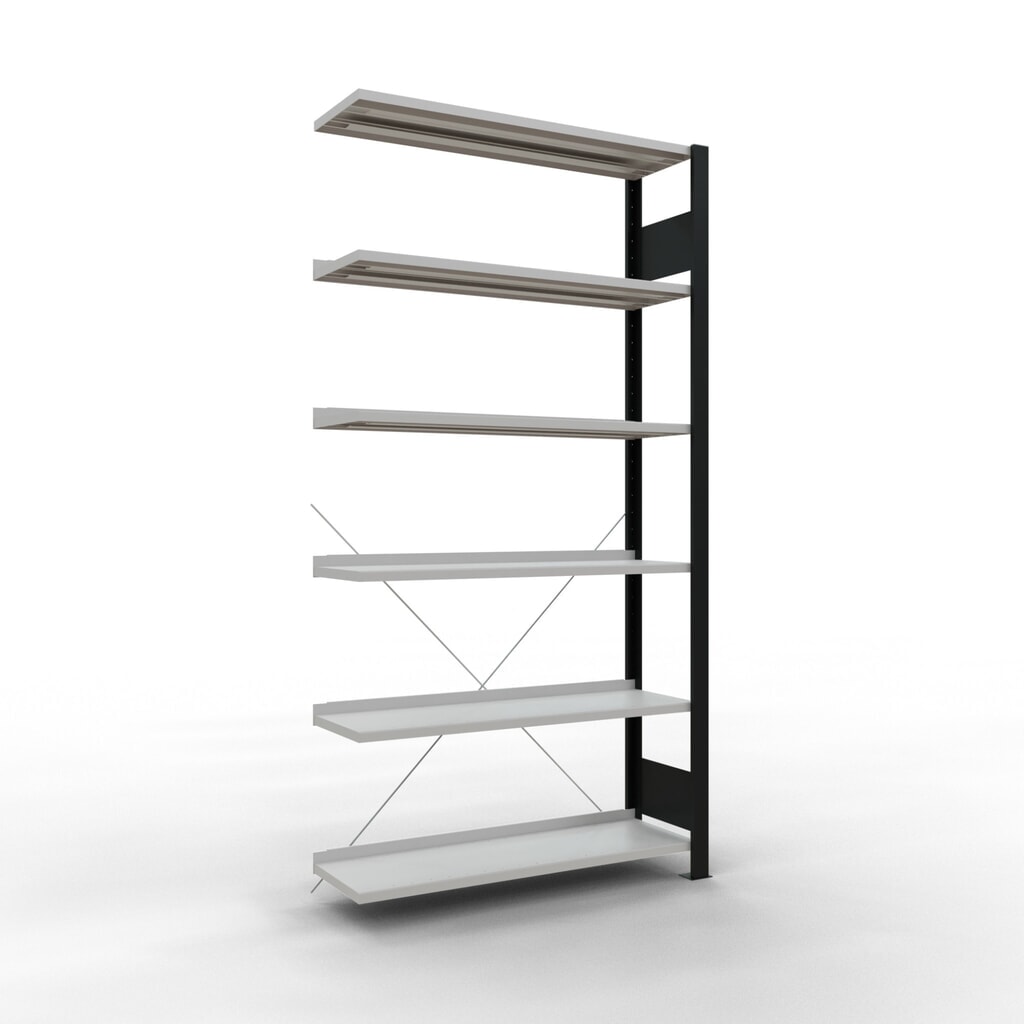 Illustration du produit: Rayonnage de bureau SCHULTE travée auxiliaire, utilisable d’un seul côté, avec barres de butée, CT 85 kg, noir, HxlxP 2 000 x 1 000 x 300 mm