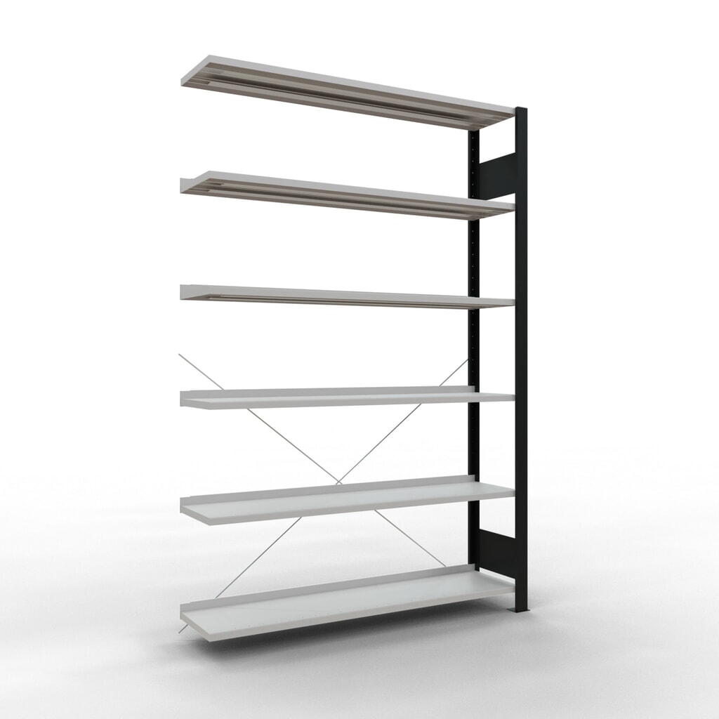 Illustration du produit: Rayonnage de bureau SCHULTE travée auxiliaire, utilisable d’un seul côté, avec barres de butée, CT 85 kg, noir, HxlxP 2 000 x 1 300 x 300 mm