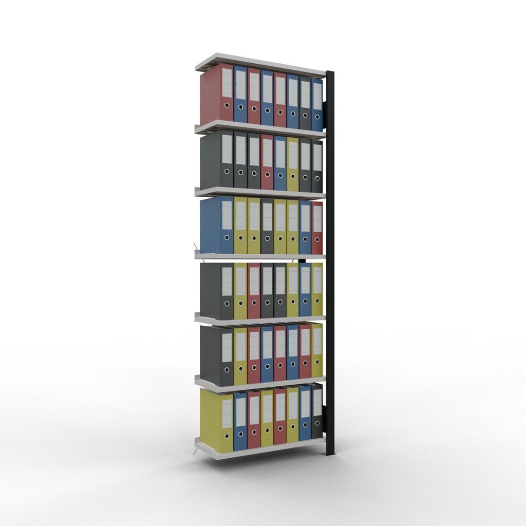 N° de l'image du produit 2 : Rayonnage de bureau SCHULTE travée auxiliaire, utilisable d’un seul côté, avec barres de butée, CT 85 kg, noir, HxlxP 2 300 x 750 x 300 mm