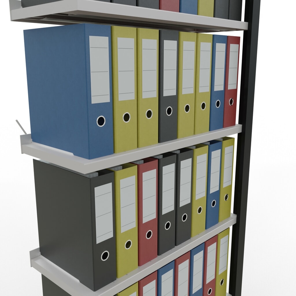 Rayonnage de bureau SCHULTE travée auxiliaire, utilisable d’un seul côté, avec barres de butée, CT 85 kg, noir, HxlxP 2 300 x 750 x 300 mm N° de l'image du produit 3 : Rayonnage de bureau SCHULTE travée auxiliaire, utilisable d’un seul côté, avec barres de butée, CT 85 kg, noir, HxlxP 2 300 x 750 x 300 mm