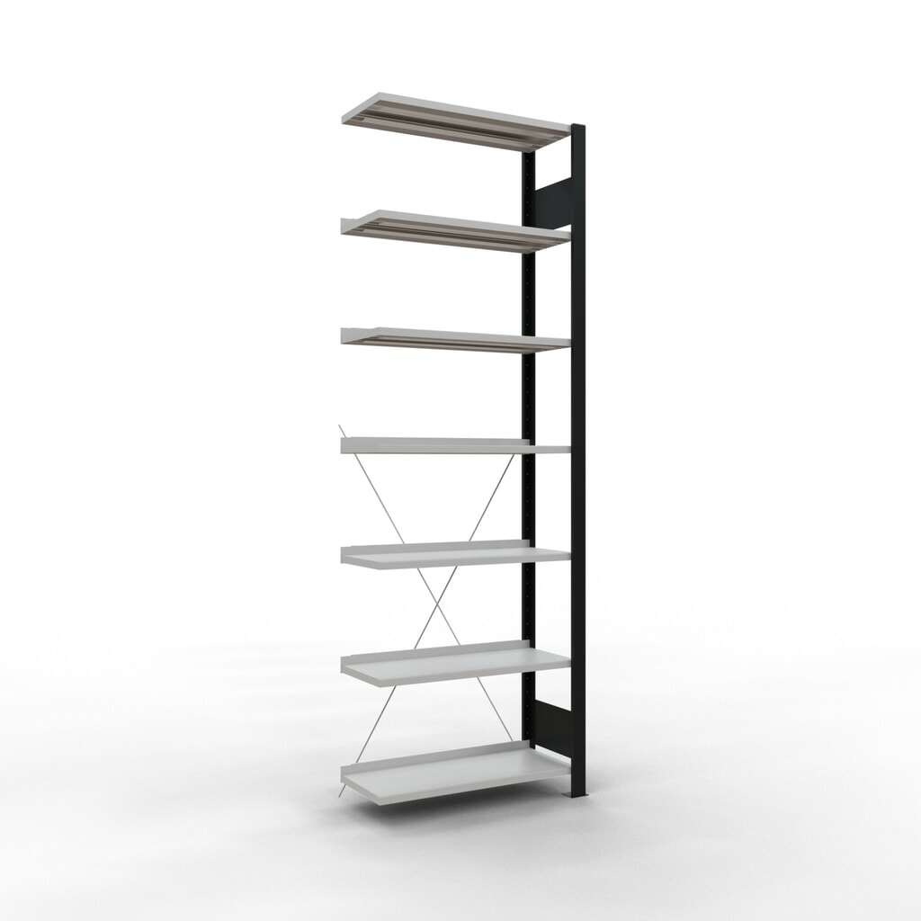 Rayonnage de bureau SCHULTE travée auxiliaire, utilisable d’un seul côté, avec barres de butée, CT 85 kg, noir, HxlxP 2 300 x 750 x 300 mm Illustration du produit: Rayonnage de bureau SCHULTE travée auxiliaire, utilisable d’un seul côté, avec barres de butée, CT 85 kg, noir, HxlxP 2 300 x 750 x 300 mm