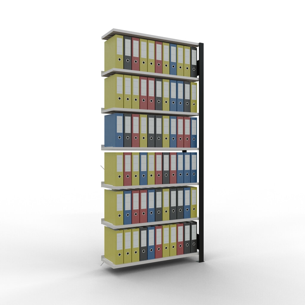 Rayonnage de bureau SCHULTE travée auxiliaire, utilisable d’un seul côté, avec barres de butée, CT 85 kg, noir, HxlxP 2 300 x 1 000 x 300 mm N° de l'image du produit 2 : Rayonnage de bureau SCHULTE travée auxiliaire, utilisable d’un seul côté, avec barres de butée, CT 85 kg, noir, HxlxP 2 300 x 1 000 x 300 mm