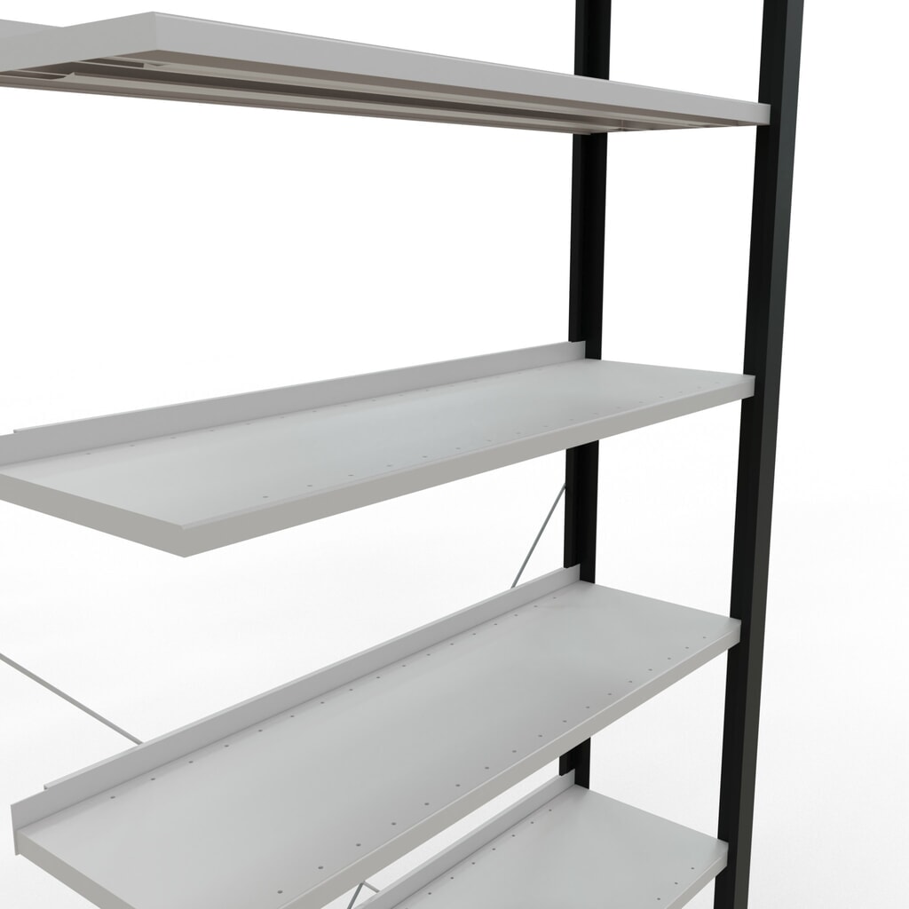 Rayonnage de bureau SCHULTE travée auxiliaire, utilisable d’un seul côté, avec barres de butée, CT 85 kg, noir, HxlxP 2 300 x 1 000 x 300 mm N° de l'image du produit 4 : Rayonnage de bureau SCHULTE travée auxiliaire, utilisable d’un seul côté, avec barres de butée, CT 85 kg, noir, HxlxP 2 300 x 1 000 x 300 mm