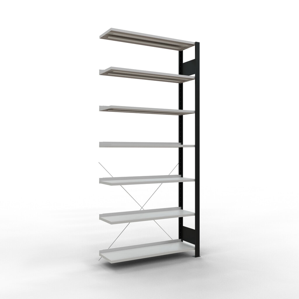 Illustration du produit: Rayonnage de bureau SCHULTE travée auxiliaire, utilisable d’un seul côté, avec barres de butée, CT 85 kg, noir, HxlxP 2 300 x 1 000 x 300 mm