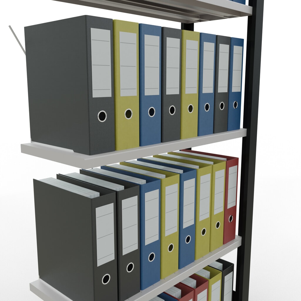 N° de l'image du produit 4 : Rayonnage de bureau SCHULTE travée auxiliaire, utilisable d’un seul côté, sans barres de butée, CT 85 kg, noir, HxlxP 1 800 x 750 x 300 mm