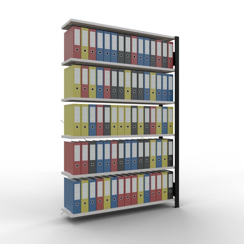 Rayonnage de bureau SCHULTE travée auxiliaire, utilisable d’un seul côté, sans barres de butée, CT 85 kg, noir, HxlxP 2 000 x 1 300 x 300 mm N° de l'image du produit 2 : Rayonnage de bureau SCHULTE travée auxiliaire, utilisable d’un seul côté, sans barres de butée, CT 85 kg, noir, HxlxP 2 000 x 1 300 x 300 mm