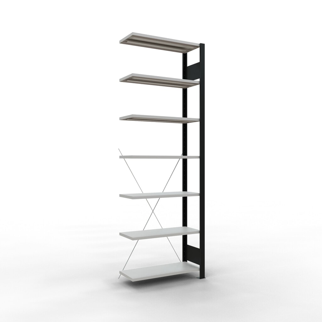 Illustration du produit: Rayonnage de bureau SCHULTE travée auxiliaire, utilisable d’un seul côté, sans barres de butée, CT 85 kg, noir, HxlxP 2 300 x 750 x 300 mm