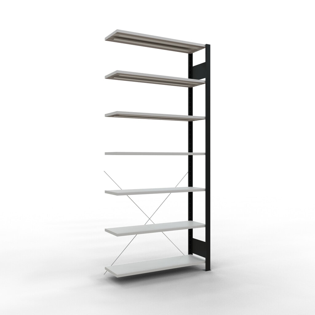 Illustration du produit: Rayonnage de bureau SCHULTE travée auxiliaire, utilisable d’un seul côté, sans barres de butée, CT 85 kg, noir, HxlxP 2 300 x 1 000 x 300 mm