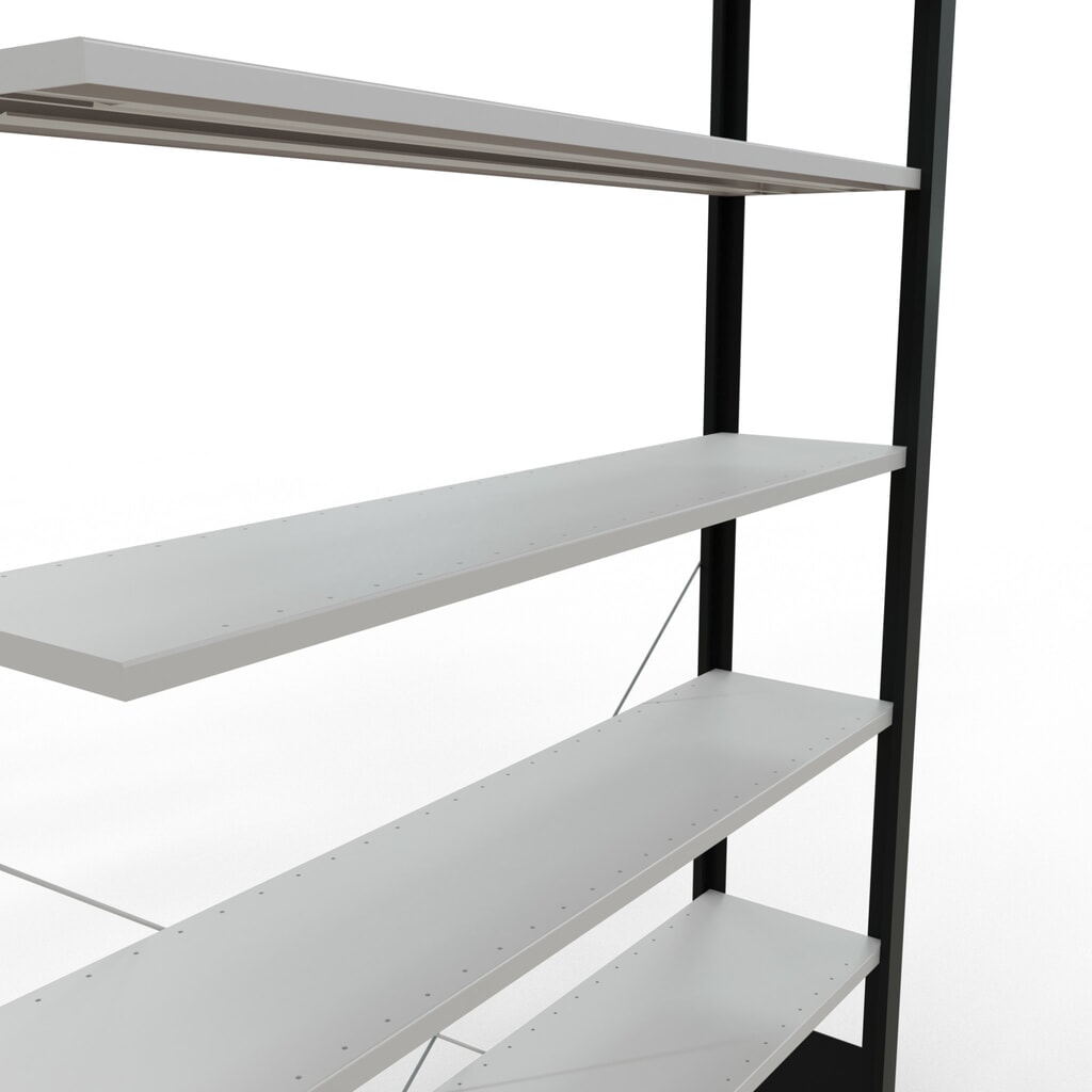 N° de l'image du produit 4 : Rayonnage de bureau SCHULTE travée auxiliaire, utilisable d’un seul côté, sans barres de butée, CT 85 kg, noir, HxlxP 2 300 x 1 300 x 300 mm