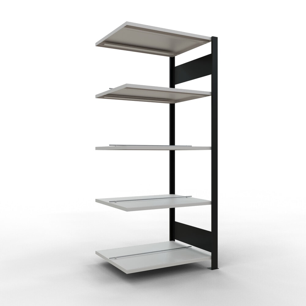 Illustration du produit: Rayonnage de bureau SCHULTE travée auxiliaire, utilisable des deux cotés, avec butées centrales, CT 150 kg, noir, HxlxP 1 800 x 750 x 600 mm