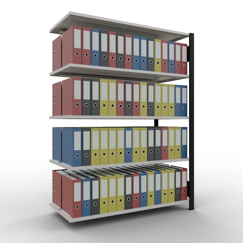 N° de l'image du produit 2 : Rayonnage de bureau SCHULTE travée auxiliaire, utilisable des deux cotés, avec butées centrales, CT 150 kg, noir, HxlxP 1 800 x 1 300 x 600 mm