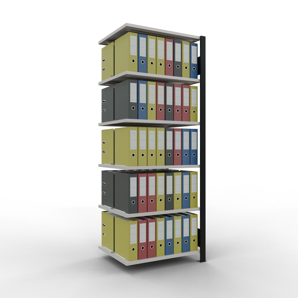 N° de l'image du produit 2 : Rayonnage de bureau SCHULTE travée auxiliaire, utilisable des deux côtés, avec butées centrales, CT 150 kg, noir, HxlxP 2 000 x 750 x 600 mm