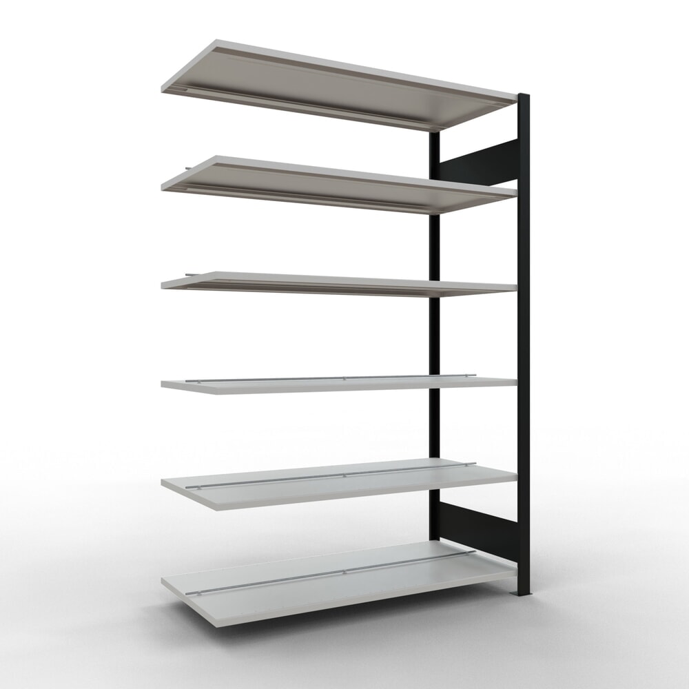 Illustration du produit: Rayonnage de bureau SCHULTE travée auxiliaire, utilisable des deux côtés, avec butées centrales, CT 150 kg, noir, HxlxP 2 000 x 1 300 x 600 mm