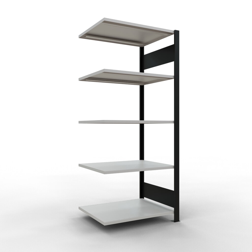 Rayonnage de bureau SCHULTE travée auxiliaire, utilisable des deux cotés, sans butées centrales, CT 150 kg, noir, HxlxP 1 800 x 750 x 600 mm Illustration du produit: Rayonnage de bureau SCHULTE travée auxiliaire, utilisable des deux cotés, sans butées centrales, CT 150 kg, noir, HxlxP 1 800 x 750 x 600 mm