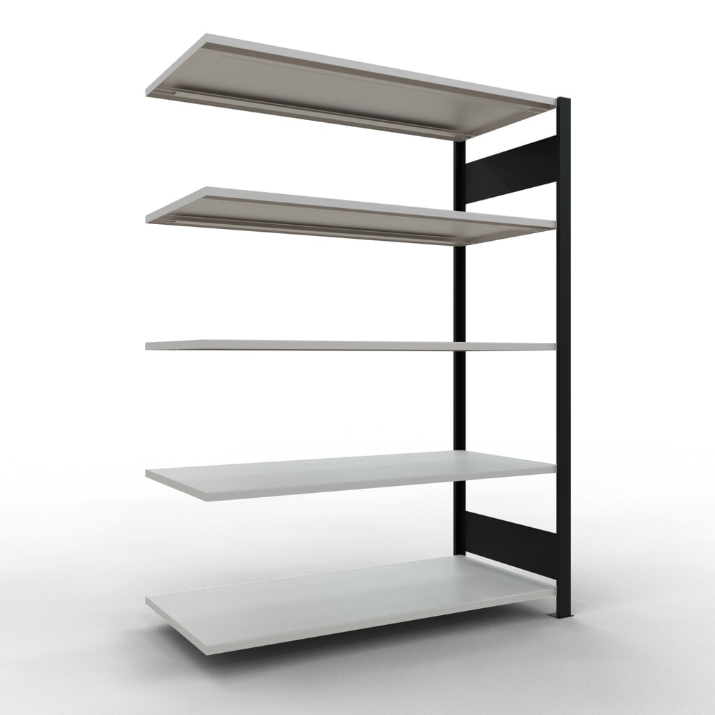 Illustration du produit: Rayonnage de bureau SCHULTE travée auxiliaire, utilisable des deux cotés, sans butées centrales, CT 150 kg, noir, HxlxP 1 800 x 1 300 x 600 mm