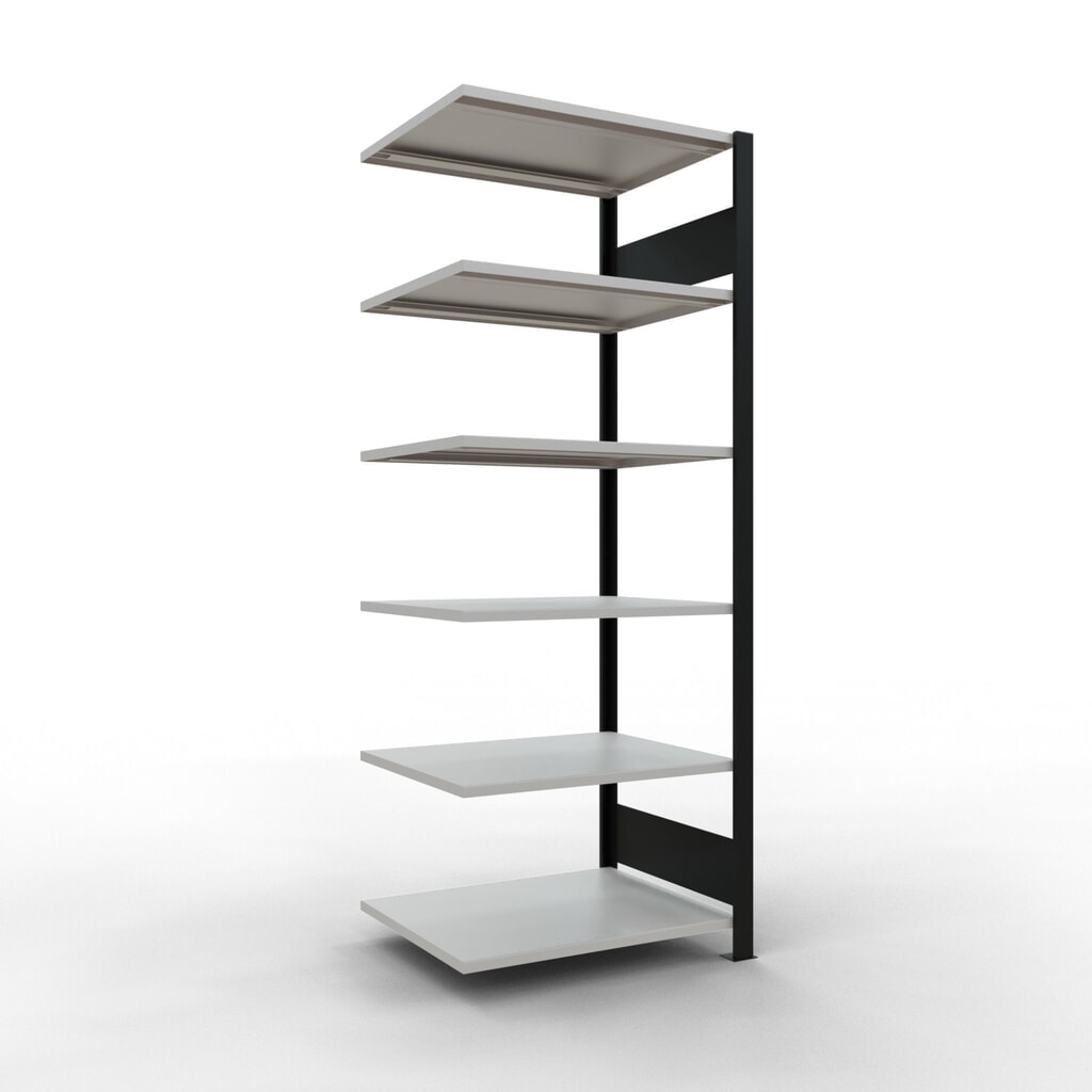 Rayonnage de bureau SCHULTE travée auxiliaire, utilisable des deux côtés, sans butées centrales, CT 150 kg, noir, HxlxP 2 000 x 750 x 600 mm Illustration du produit: Rayonnage de bureau SCHULTE travée auxiliaire, utilisable des deux côtés, sans butées centrales, CT 150 kg, noir, HxlxP 2 000 x 750 x 600 mm